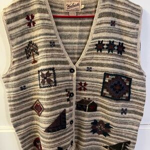 Woolrich Neutral Southwestern Striped Knit Vest in Cream and Brown